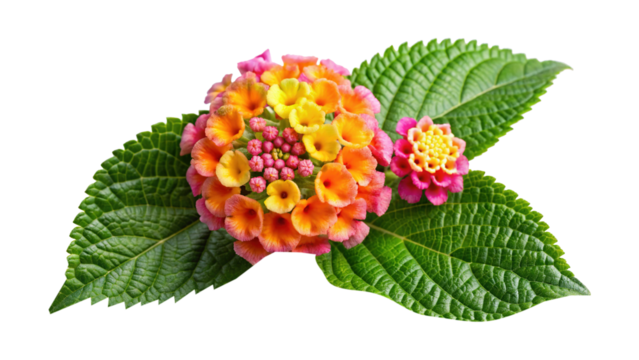 Beautiful lantana camara blossom with vibrant yellow, orange and pink petals and green leaves