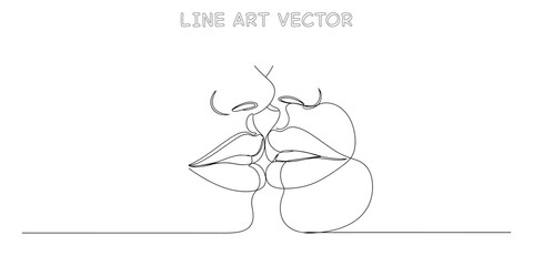 Romantic couple kissing with faces drawn in abstract one line art style