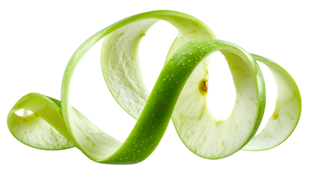 Elegant Spiral A Green Apple Peel Showcasing Freshness and Minimalist Beauty on White
