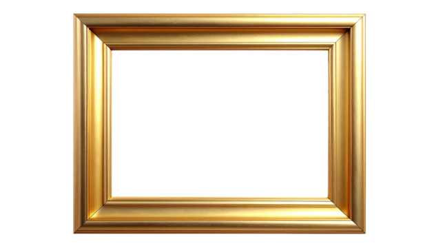 Luxurious ornate golden picture frame with carved floral details and symmetrical corners on white background