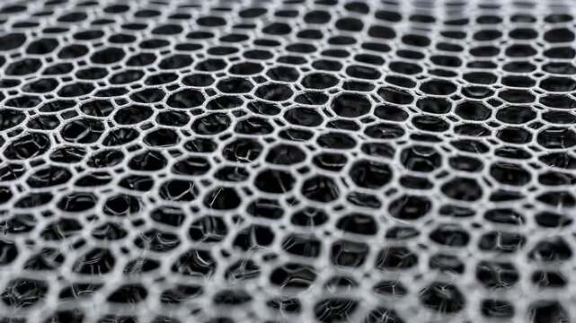 Close up of a honeycomb pattern in innovative material. Abstract cellular structure with high-tech biofiber texture for filtration system.