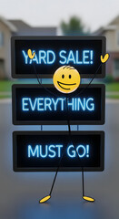 Happy Stick Figure Holding Neon Yard Sale Signs: 'Everything Must Go!' in Suburban Neighborhood