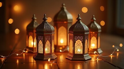 Obraz premium Traditional ramadan lanterns glowing with warm light on a wooden surface