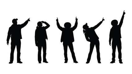 People silhouettes pointing upwards isolated on white background, Vector