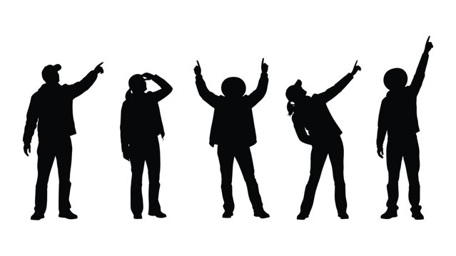People silhouettes pointing upwards isolated on white background, Vector