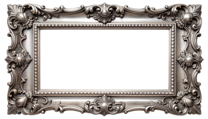 Ornate Silver Rectangular Frame with Baroque Carvings and Elegant Decorative Accents