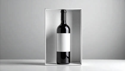 Minimalist black wine bottle with blank white label in white box on neutral gray background with soft shadows.