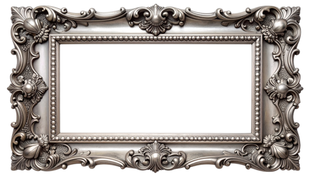 Ornate Silver Rectangular Frame with Baroque Carvings and Elegant Decorative Accents