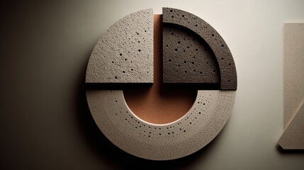 Close up of a contemporary circular art piece featuring a split design with terrazzo textures and a polished copper inset, mounted on a neutral, subtly lit wall.