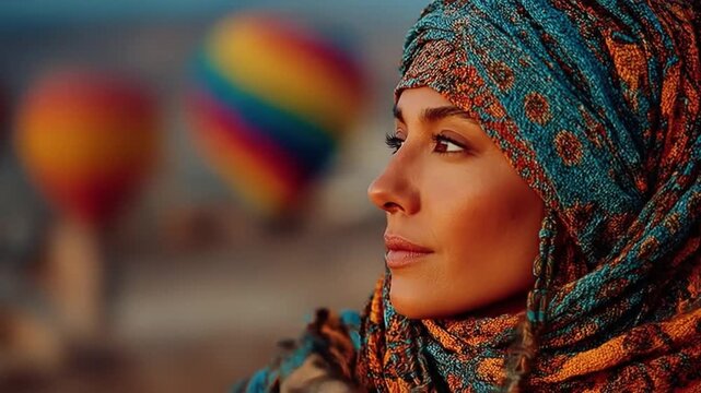 Woman in patterned headscarf looks toward distant hot air balloons at sunset