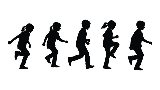 Children running and playing silhouettes isolated on white background, Vector