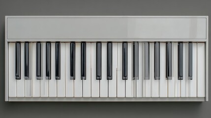 A close up top down view of a modern gray synthesizer keyboard with white and black keys. The instrument is placed on a plain gray surface, highlighting its minimalist design.