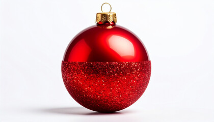 Single glittery red Christmas ornament ball with gold cap centered on white background.