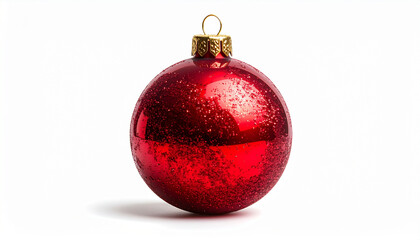 Single glittery red Christmas ornament ball with gold cap centered on white background.