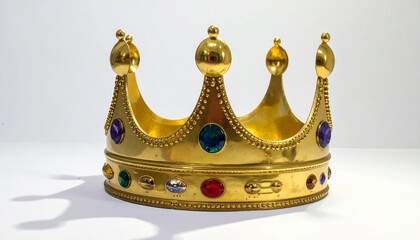 Golden royal crown with colorful gemstones on light background, featuring pointed arches and spherical tips.