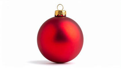 Single glittery red Christmas ornament ball with gold cap centered on white background.