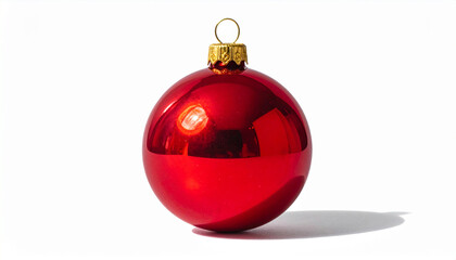 Single glittery red Christmas ornament ball with gold cap centered on white background.