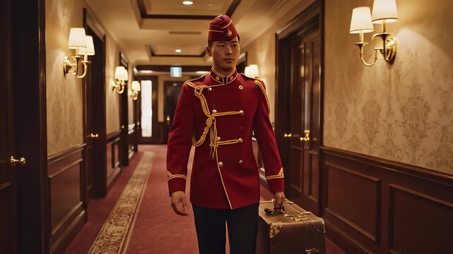 A bellhop in a red uniform with gold accents and a matching hat walks down a luxurious hotel corridor carrying a vintage suitcase