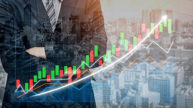 A businessman stands confidently in a suit, with stock market graphs and charts in the background, illustrating growth and potential in a dynamic financial landscape. Copula - Powered by Adobe