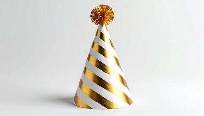 Gold and white striped cone party hat with pom-pom on top, centered on white background.