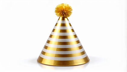 Gold and white striped cone party hat with pom-pom on top, centered on white background.