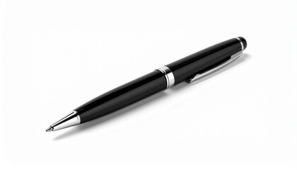 Black ballpoint pen with silver accents and clip on white background, sleek and professional design.
