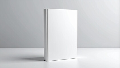 Blank white book standing upright on light gray background with minimalist cover and no markings.