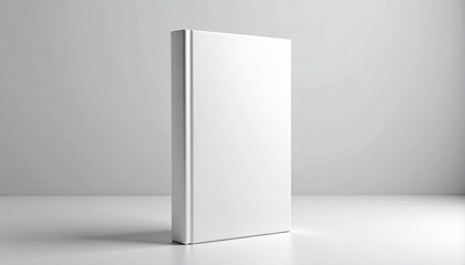 Blank white book standing upright on light gray background with minimalist cover and no markings.