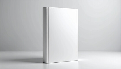 Blank white book standing upright on light gray background with minimalist cover and no markings.