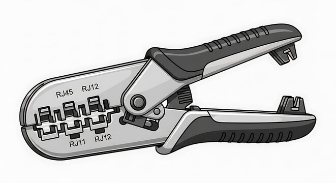 Network cable crimping tool for RJ45 and RJ11 connectors illustration.