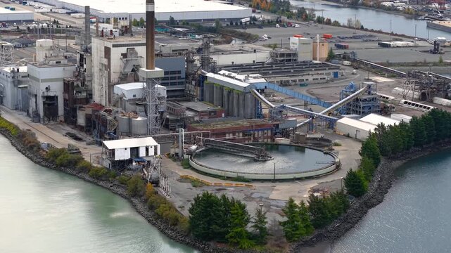 Aerial view of industrial complex water treatment plant in Tacoma shipping port.