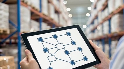 Focused worker utilizes tablet for advanced logistics and supply chain management, analyzing network diagram for efficient inventory control within modern distribution warehouse - Powered by Adobe