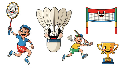 Cartoon badminton set with players, shuttlecock, net, and trophy, perfect for sports and game illustrations
