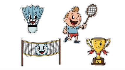 Badminton game elements with joyful cartoon characters and a trophy representing victory and achievement in sports