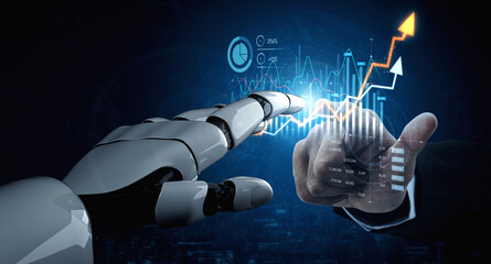 A captivating scene featuring a robotic hand reaching out to a human hand, accompanied by vivid graphs and data visualizations that symbolize the future of technology. Scalp