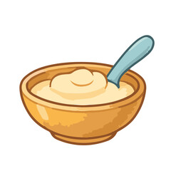 Small bowl with baby porridge or puree and a spoon