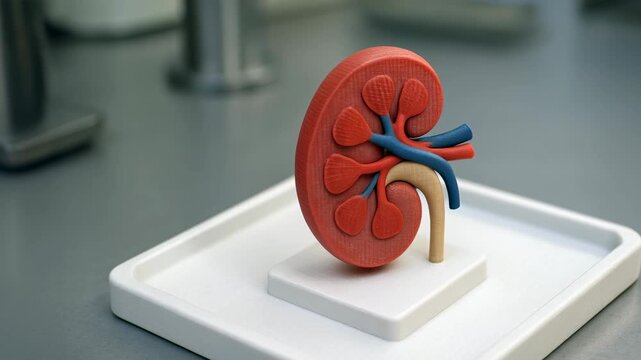 Detailed anatomical human kidney model for medical education. realistic organ for biology and science study, showing internal structure, urinary system, and renal anatomy for healthcare