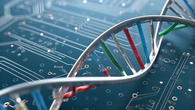 Innovative biotech concept of DNA double helix over futuristic circuit board, representing future of advanced gene editing science and genetic research technology - Powered by Adobe