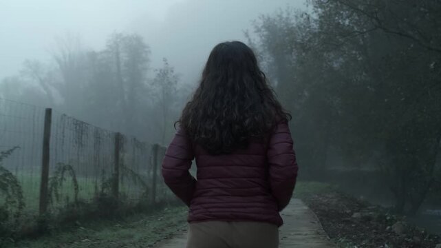 A suspenseful follow shot of a lone woman walking a dark, misty path. This atmospheric clip is perfect for creating a sense of mystery, fear, or a journey into the unknown