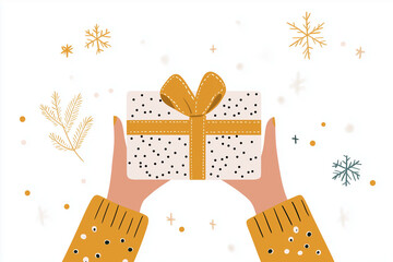 Illustration of a hand holding a pastel-tone gift on a clean banner background, perfect for holiday ads, branding visuals, product promotions and soft aesthetic marketing designs.