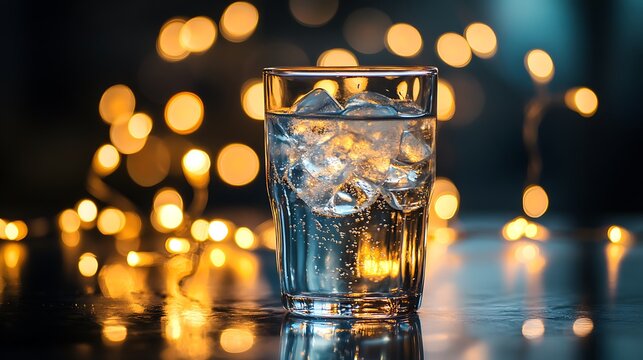 A glass of ginger ale fairy lights casting warm reflections - Powered by Adobe