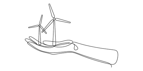 Continuous line art of wind turbines supported by a hand, illustrating renewable energy, eco-friendliness, and sustainable future concept. Vector, illustration
