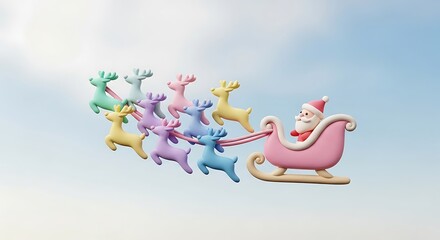 Whimsical Pastel Christmas Sleigh with Reindeer Flying Through a Cloudy Sky.