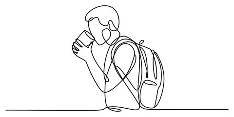 Continuous line drawing of a young person with a backpack enjoying a drink from a cup, minimalist art style, simple vector illustration design Vector, illustration