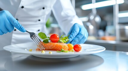 Close-up of a chef preparing a salmon dish with fresh vegetables and vibrant colors, emphasizing
