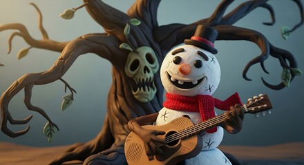 Claymation Snowman Playing Guitar Next to Spooky Tree.