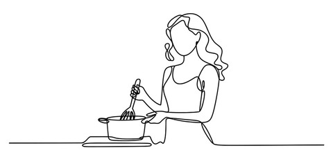 Continuous line drawing of a woman stirring a pot on a stovetop, capturing the essence of home cooking, meal preparation, and domestic life. Vector, illustration