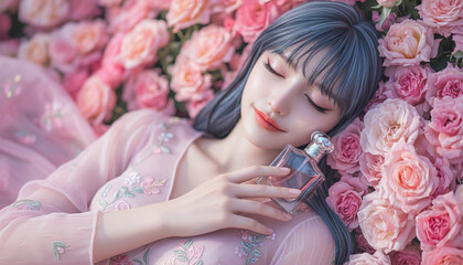 Beautiful Woman holding Perfume with Pink Roses Bed.