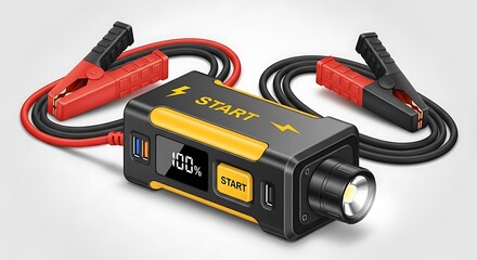 Portable Car Jump Starter Battery Pack with Jumper Cables and LED Light.