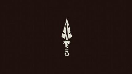 A minimalist graphic design featuring a pale spearhead emblem on a dark brown background. The emblem is detailed with sharp edges and a tribal aesthetic.